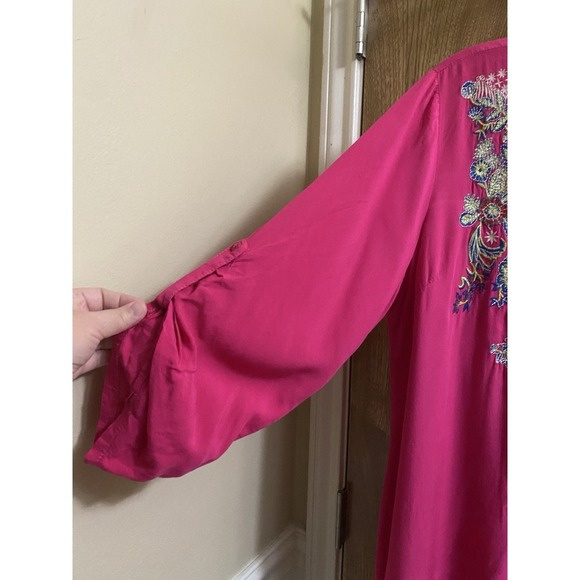 Luna Moon Hot Pink Boho Tunic Floral Embroidered Blouse Half Button Light Size L - Picture 4 of 16